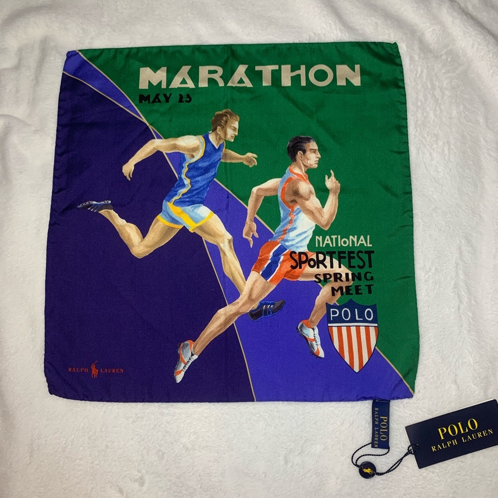 NWT Rare Hand Made 100% Silk Polo Ralph Lauren Marathon Sport Pocket Square
